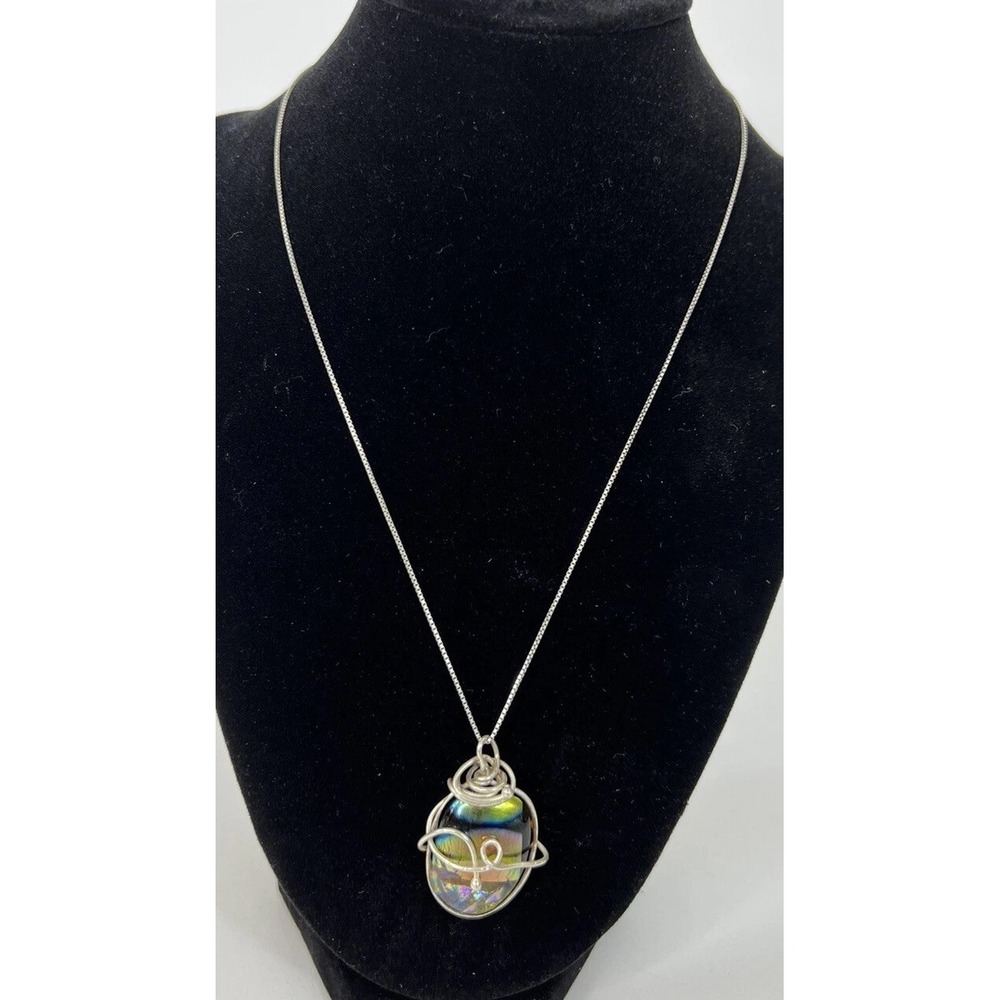 Sterling Silver Boho Whimsygoth Signed Foil Art Glass Pendant 20 In Artistic